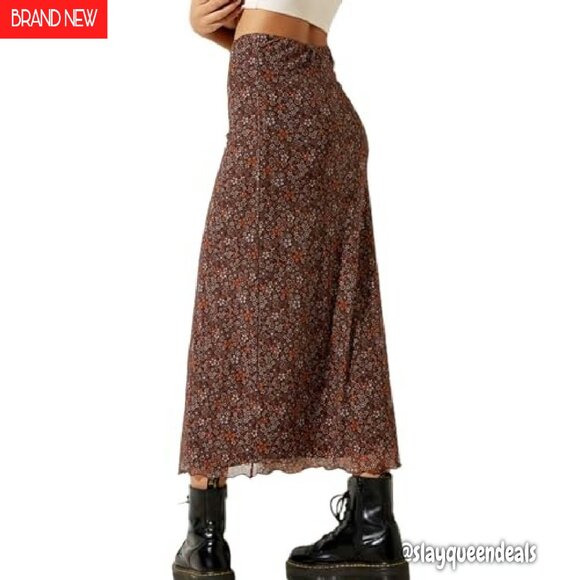 Women's Floral Mesh Midi Skirt Elastic High Waist Bohemian Summer - Picture 3 of 8